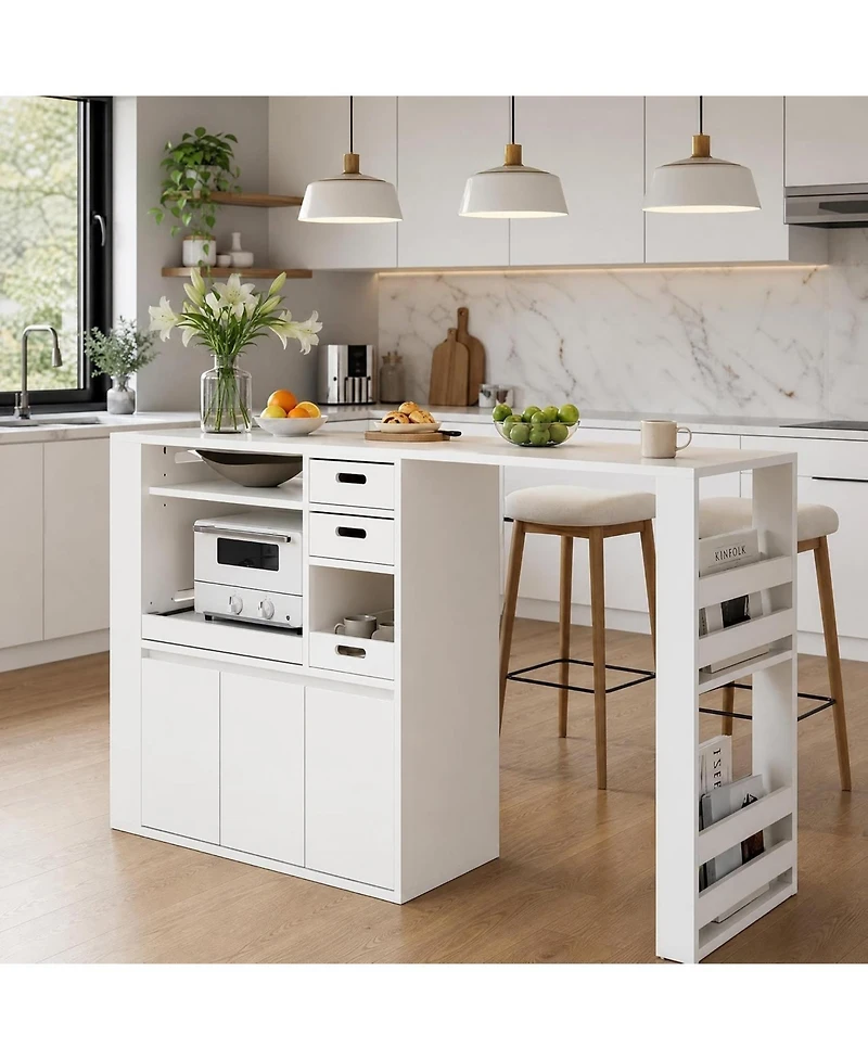 Extendable Rotating Kitchen Island Dining Table, Multi-Functional Mdf Counter with Drawers, Cabinet, Storage Rack for Kitchen Dining Room Home Office