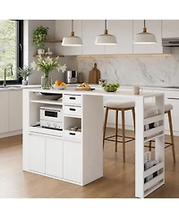 Extendable Rotating Kitchen Island Dining Table, Multi-Functional Mdf Counter with Drawers, Cabinet, Storage Rack for Kitchen Dining Room Home Office
