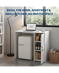 Coffee Bar Cabinet with Fridge Space, Mini Fridge Stand with Barn Door, Built-In Power Outlet, Adjustable Storage Space for Kitchen, Office, Dorm