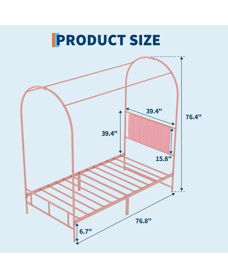 Twin Arch Canopy Bed Frame, Pink Kids Metal Platform Bed Frame with Upholstered Headboard, Underbed Storage, No Box Spring Needed Easy Assembly