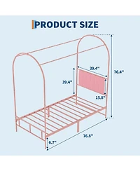 Twin Arch Canopy Bed Frame, Pink Kids Metal Platform Bed Frame with Upholstered Headboard, Underbed Storage, No Box Spring Needed Easy Assembly