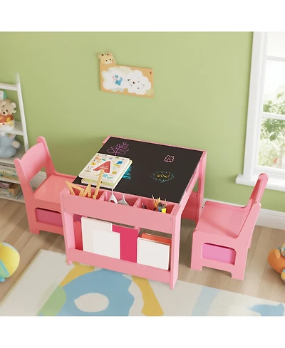 Kids Activity Table and Chair Set, Art Toddler Desk with Erasable Top, Storage Drawer for Children Reading, Playing, Drawing, Nursery Playroom
