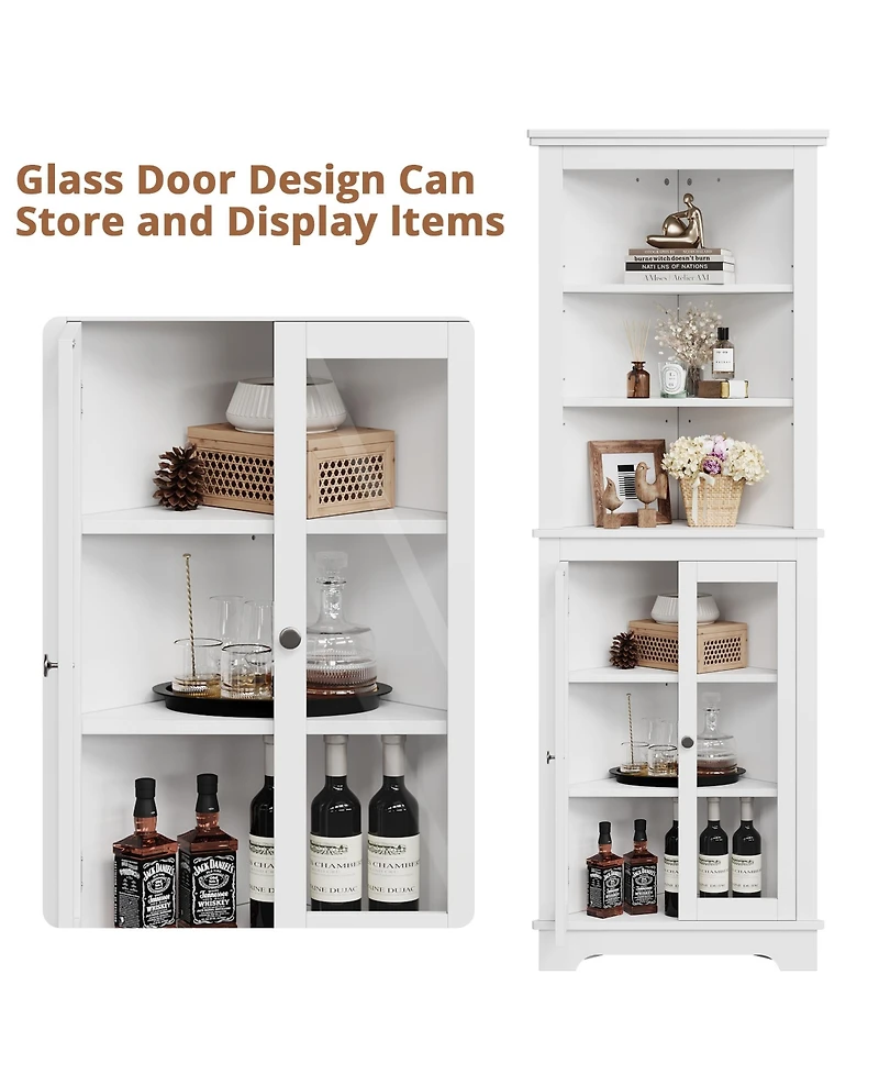 Farmhouse Corner Cabinet, 63 Inches Tall Freestanding Hutch with Glass Beadboard Doors, Adjustable Shelves, Pantry Storage Cabinet for Kitchen