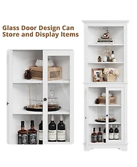 Farmhouse Corner Cabinet, 63 Inches Tall Freestanding Hutch with Glass Beadboard Doors, Adjustable Shelves, Pantry Storage Cabinet for Kitchen