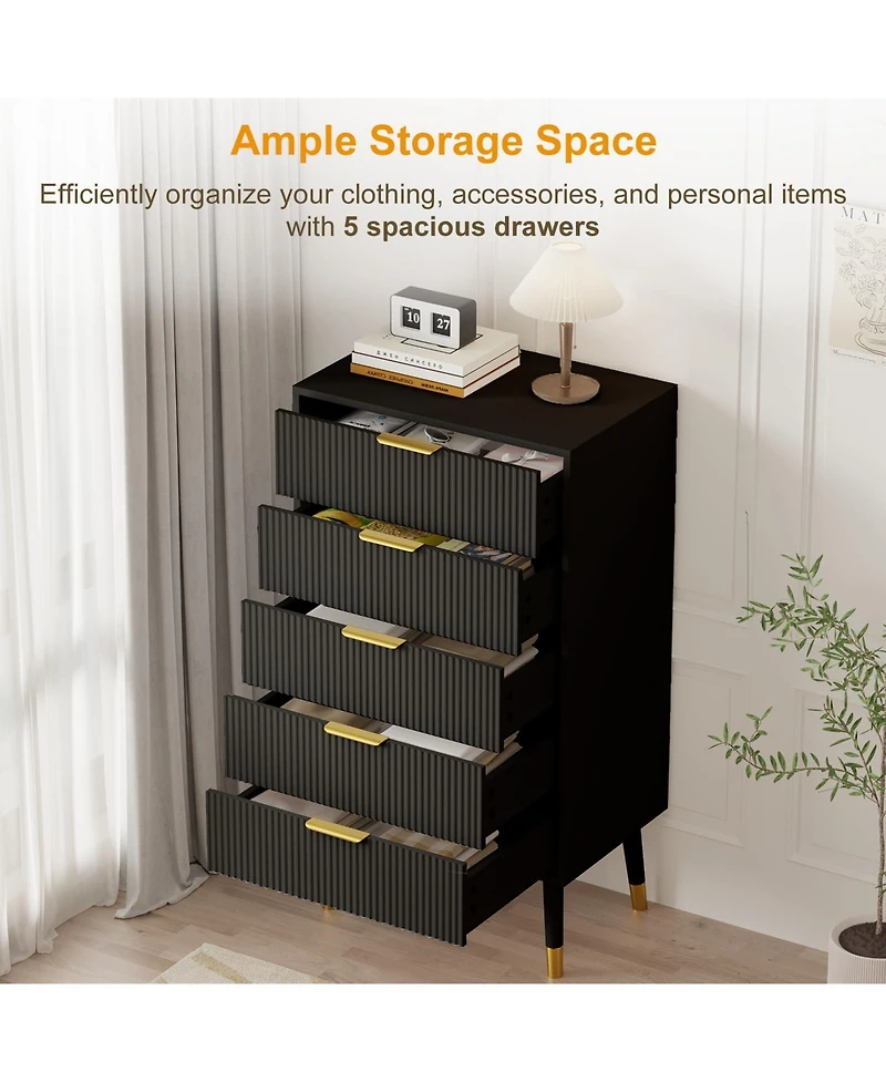 24 x 15 x 42.5 in 2-Pack 5-Drawer Chest with Gold Legs, Engineered Wood Dresser Storage for Bedroom Hallway Living Room, Black