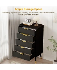 24 x 15 x 42.5 in 2-Pack 5-Drawer Chest with Gold Legs, Engineered Wood Dresser Storage for Bedroom Hallway Living Room, Black