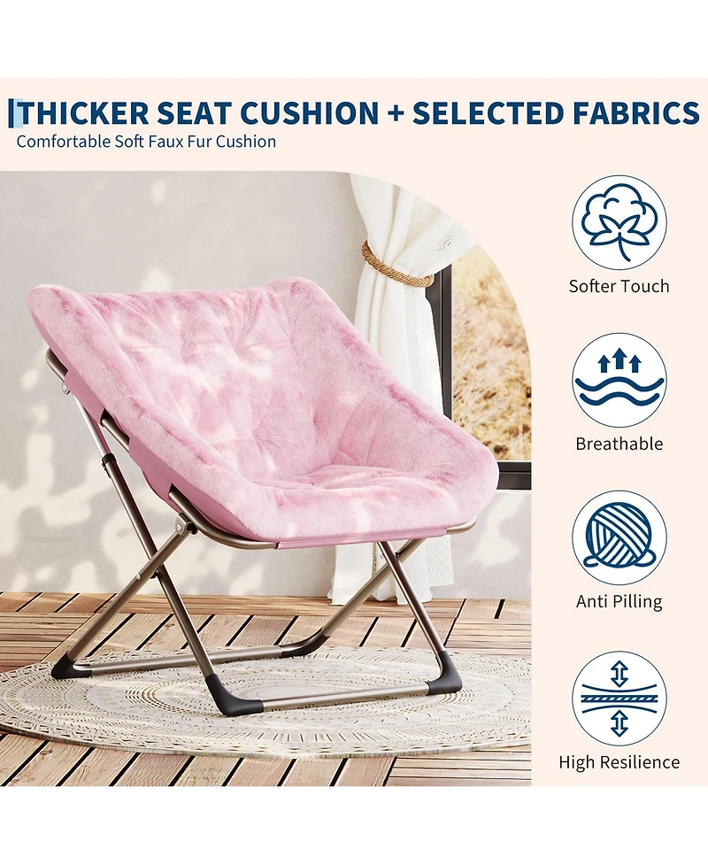 Folding Saucer Chairs Set of 2 Comfy Faux Fur Lazy Chair with Metal Frame 300 lb Capacity No Assembly Required for Bedroom Dorm Apartment