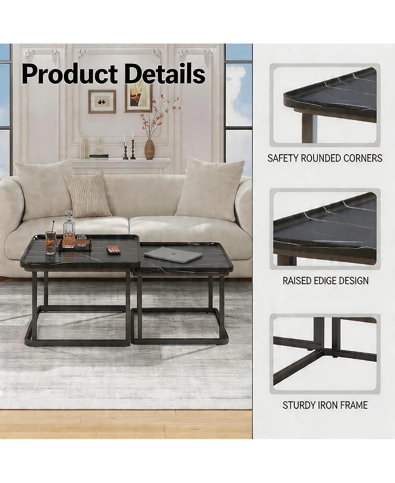 Set of 2 Black Nesting Coffee Tables, Mid-Century Modern Square Stackable Side Tables