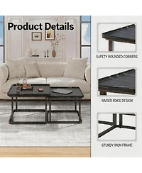 Set of 2 Black Nesting Coffee Tables, Mid-Century Modern Square Stackable Side Tables