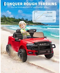 12V Licensed Ram Pickup Ride-On Vehicle, Parental Remote Control, Spring Shock Absorbers, Led Lighting, Built-In Music, Electric Play Truck for Kids