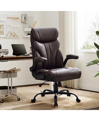 Big and Tall Ergonomic Executive Desk Office Chair, Pu Leather, 90-155 degrees Recline, Lumbar Support, Flip-up Armrests, Swivel Chair with Wheels