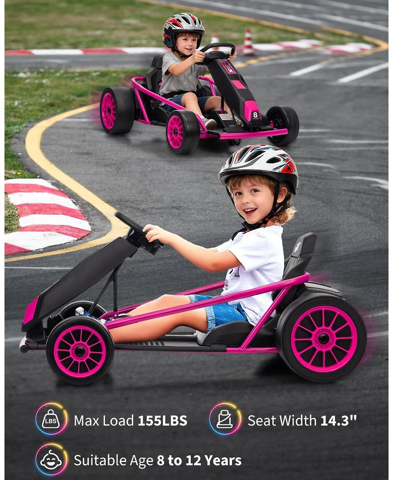43 Inch 24V Kids Ride On Drift Go Kart, Electric Drift Racing Kart with 10 mph and Music, Brown/Rose Red/Green/Blue/Red/White, Ages 8-12