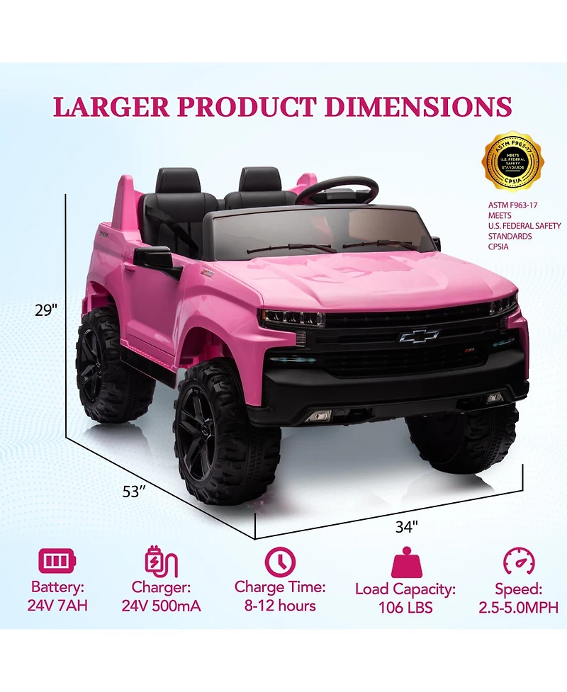 2 Seater Ride On Truck, Licensed Chevrolet Silverado, 3-Speed Electric Car with Remote Control, Spring Suspension, MP3 Music, Led Light for Kids 3-8