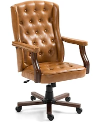 Mid-Century Faux Leather Wingback Office Chair, Tufted and Adjustable Height, Brown