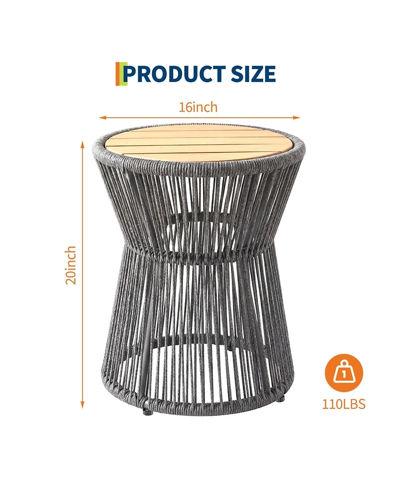 16" Round Woven Rope Outdoor Side Table, Gray Rope with Wood Top,Grey