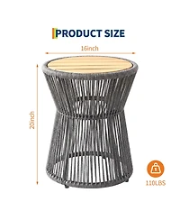 16" Round Woven Rope Outdoor Side Table, Gray Rope with Wood Top,Grey