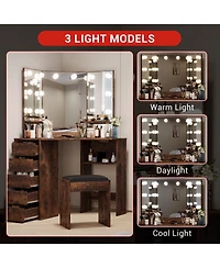 Corner Vanity Desk with Led Lighted Mirror, Makeup Table with Vanity Stool, 5 Drawers, Storage Shelves for Bedroom Bathroom