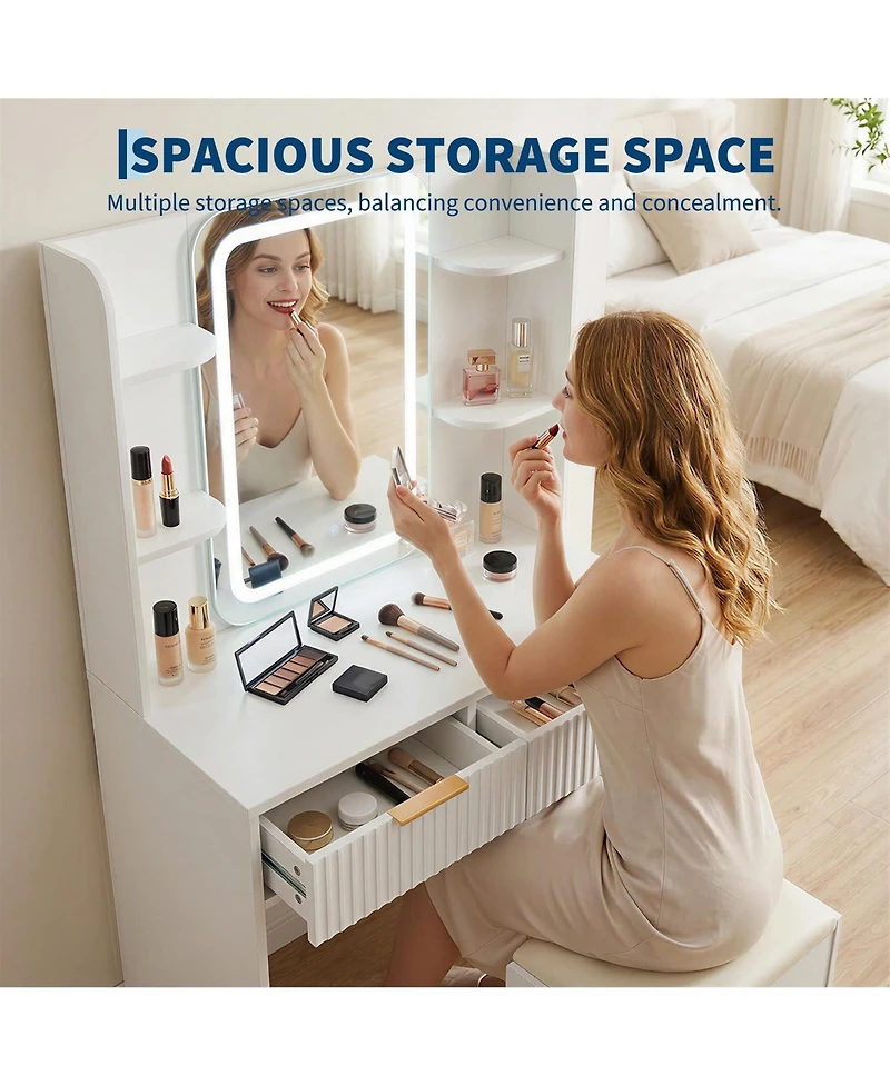 Compact Lighted Vanity Desk with Mirror, Led Lighting and Matching Stool, Built-In Charging Station and Jewelry Storage, Dressing Table for Bedroom
