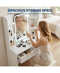 Compact Lighted Vanity Desk with Mirror, Led Lighting and Matching Stool, Built-In Charging Station and Jewelry Storage, Dressing Table for Bedroom