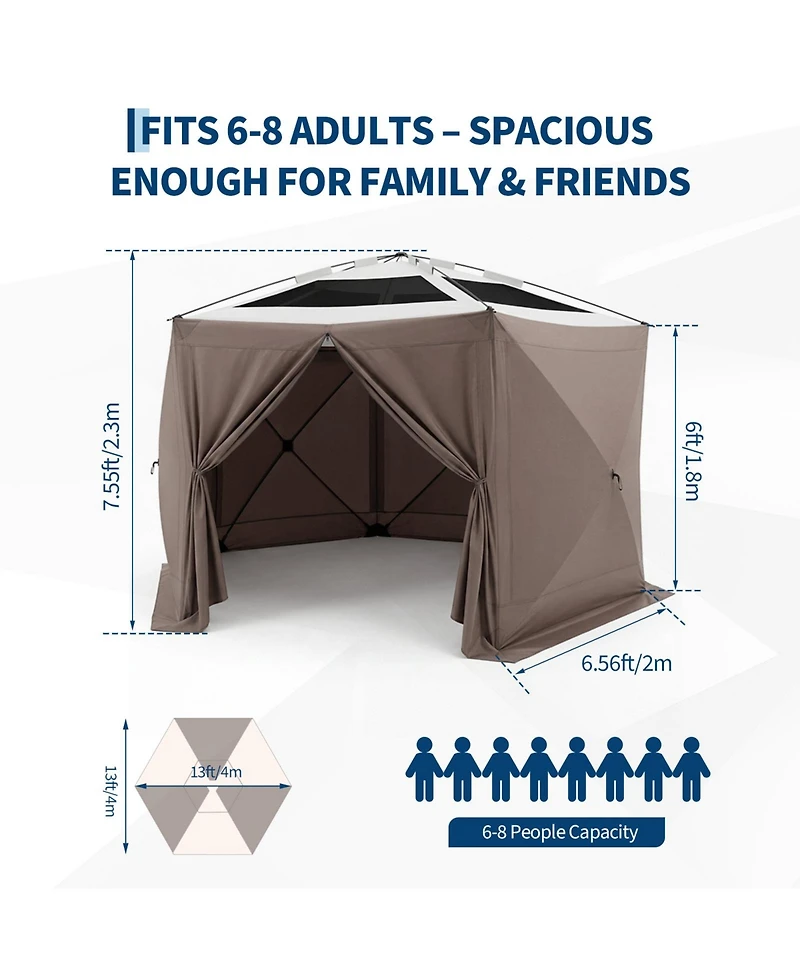 13 x Ft Hexagonal Pop Up Gazebos with Mosquito Netting, Outdoor Screen House Canopy for Patio, Camping, Backyard, Green/Khaki