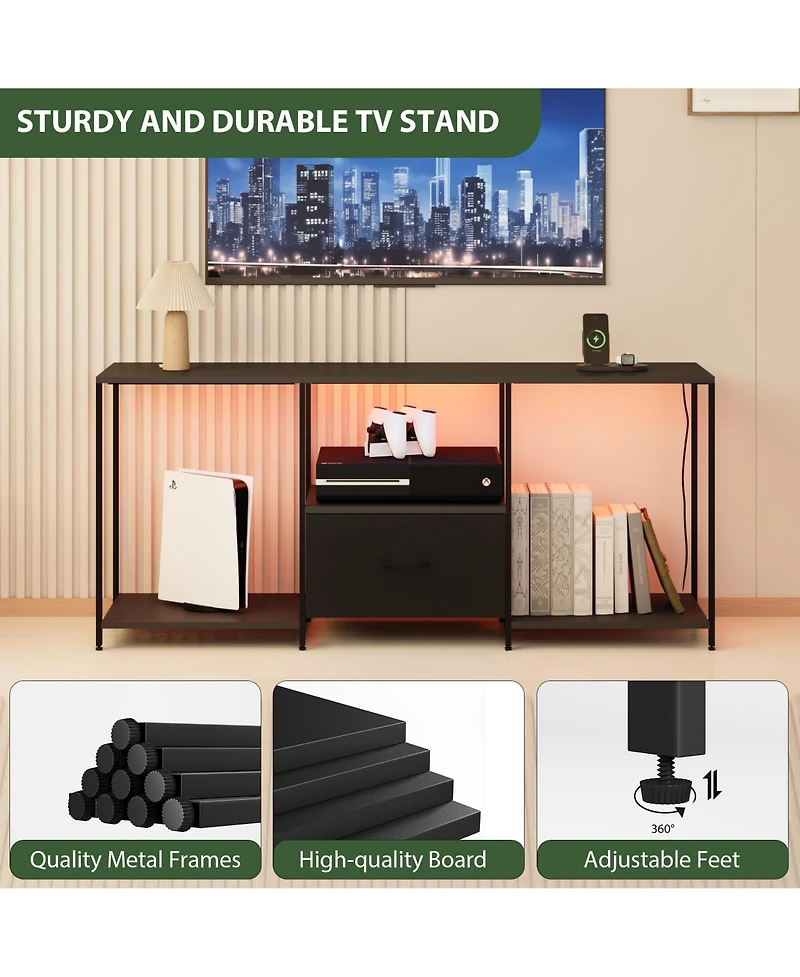 Tv Stand for TVs Up to 55 Inch, Led Light Entertainment Center, Media Console Table with Open Storage Shelves, Drawer for Living Room Bedroom, Black