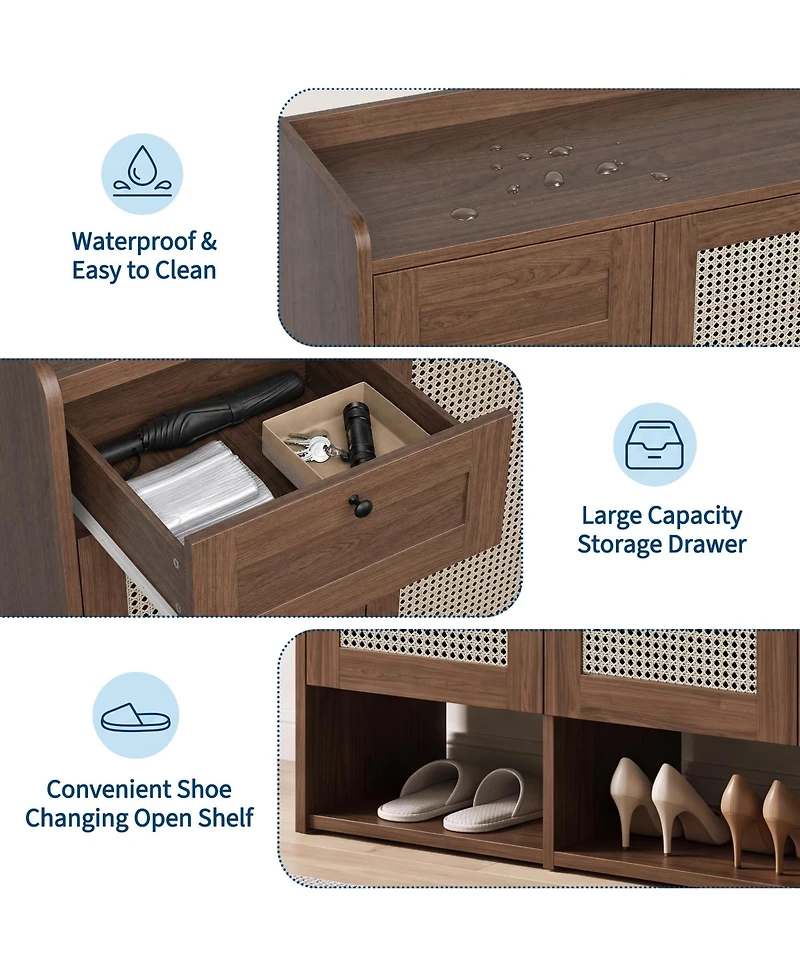 48.8x15.0x43.3in 3 Door 1 Drawer Shoe Cabinet with Rattan Details, Engineered Wood Entryway Storage for Hallway Bedroom, Light/Dark Brown