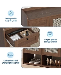 48.8x15.0x43.3in 3 Door 1 Drawer Shoe Cabinet with Rattan Details, Engineered Wood Entryway Storage for Hallway Bedroom, Light/Dark Brown