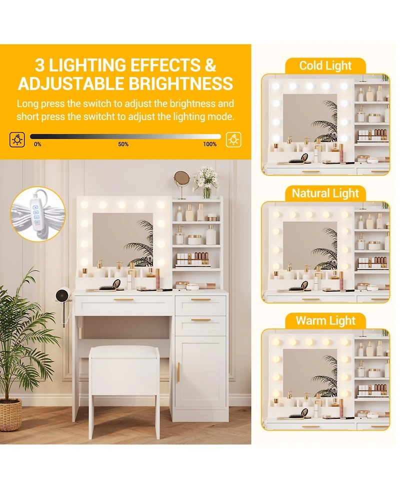 Vanity Desk Mirror and Led Lights, 3 Drawers, Cabinet, Cushioned Chair, Adjustable Brightness, Power Outlet, Hairdryer Holder, Bedroom Small Spaces