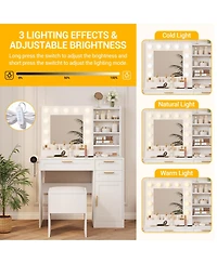 Vanity Desk Mirror and Led Lights, 3 Drawers, Cabinet, Cushioned Chair, Adjustable Brightness, Power Outlet, Hairdryer Holder, Bedroom Small Spaces