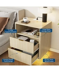 Set of 2 Wood Color Mid-Century Fluted Nightstands with Charging and Led, 2 Drawers, 20"W x 15.7"D x 24"H