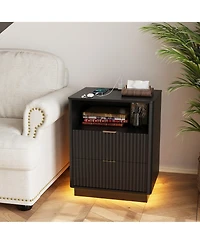 Set of 2 Black Mid-Century Fluted Nightstands with Charging and Led, 2 Drawers, 20"W x 15.7"D x 24"H