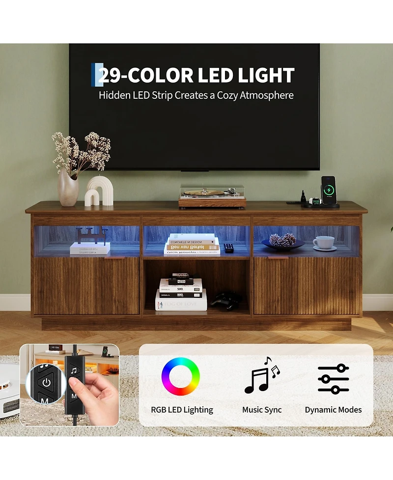 70"Mid Century Modern Fluted Tv Stand with Storage, for TVs Up to 80", Power Outlet, Led Light, Wood Media Console for Living Room