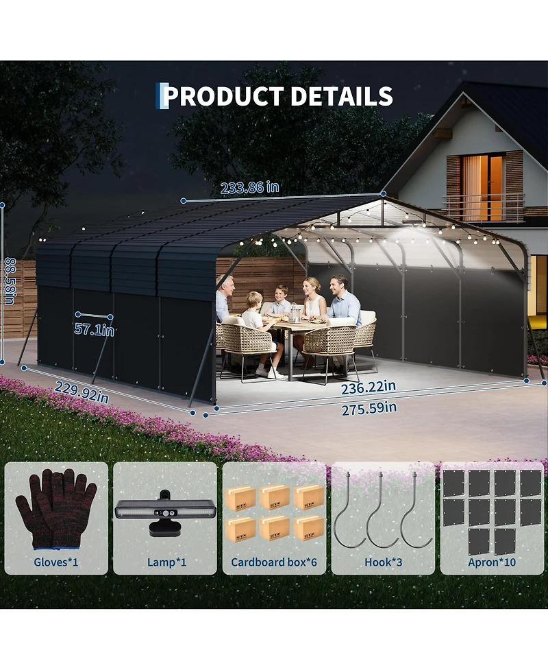 20' x 20' Hardtop Carport with Steel Roof and Solar Light, Heavy Duty Vehicle Shelter for Parking Patio Driveway, Dark Gray
