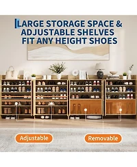 63 x 15 x 41 in 4 Door Arched Shoe Cabinet with Faux Rattan Panels, Engineered Wood Entryway Storage for Hallway Bedroom, Black/Brown