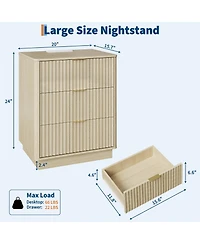 Set of 2 Light Oak Fluted Nightstands with Charging Station and Led Light, 3 Drawers