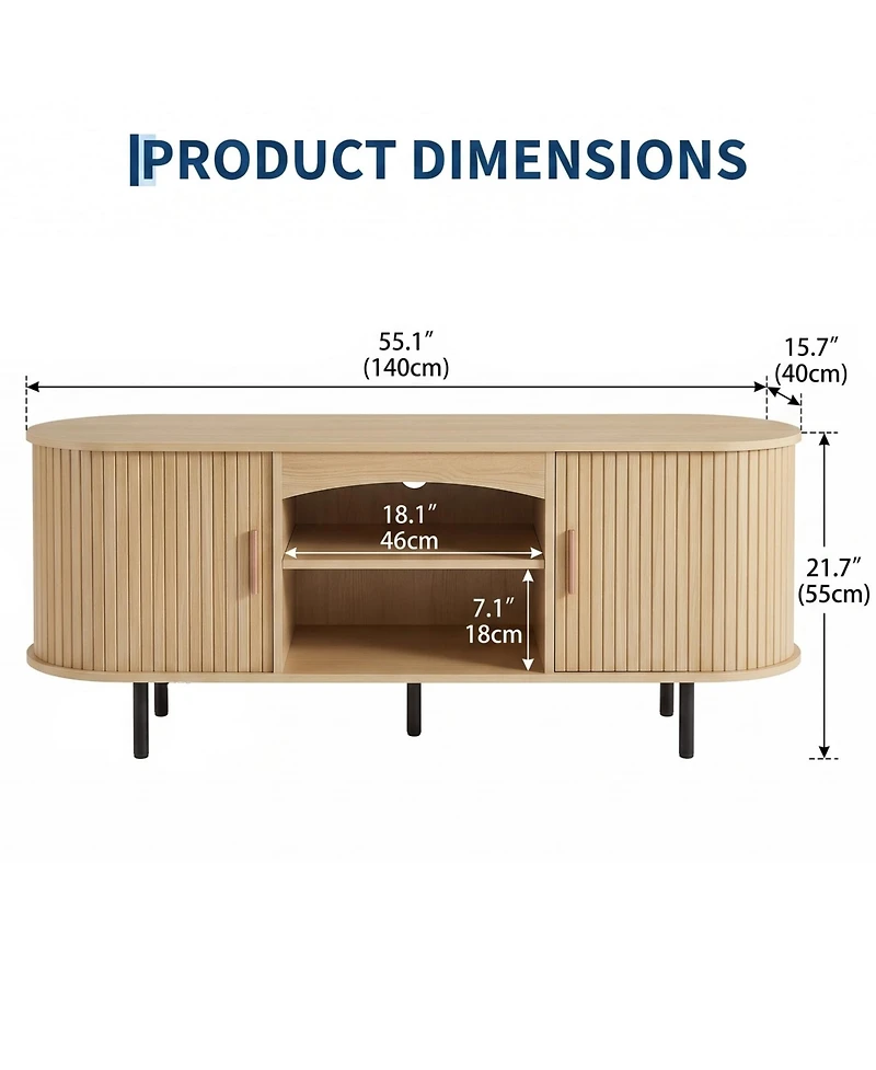 55"Fluted Tv Stand TVs Up to 65", Century Media Console Led Lights and Power Outlet, Center Storage, Sliding Door Adjustable Shelf for Living Room