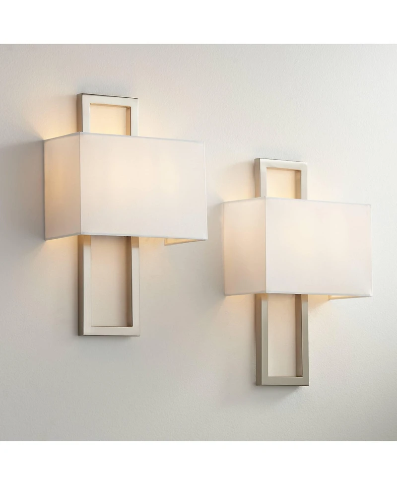 Possini Euro Design Modern Wall Light Sconces Set of 2 Brushed Nickel Hardwired 9 1/2" Fixture Silvery Faux Silk Shade for Bedroom