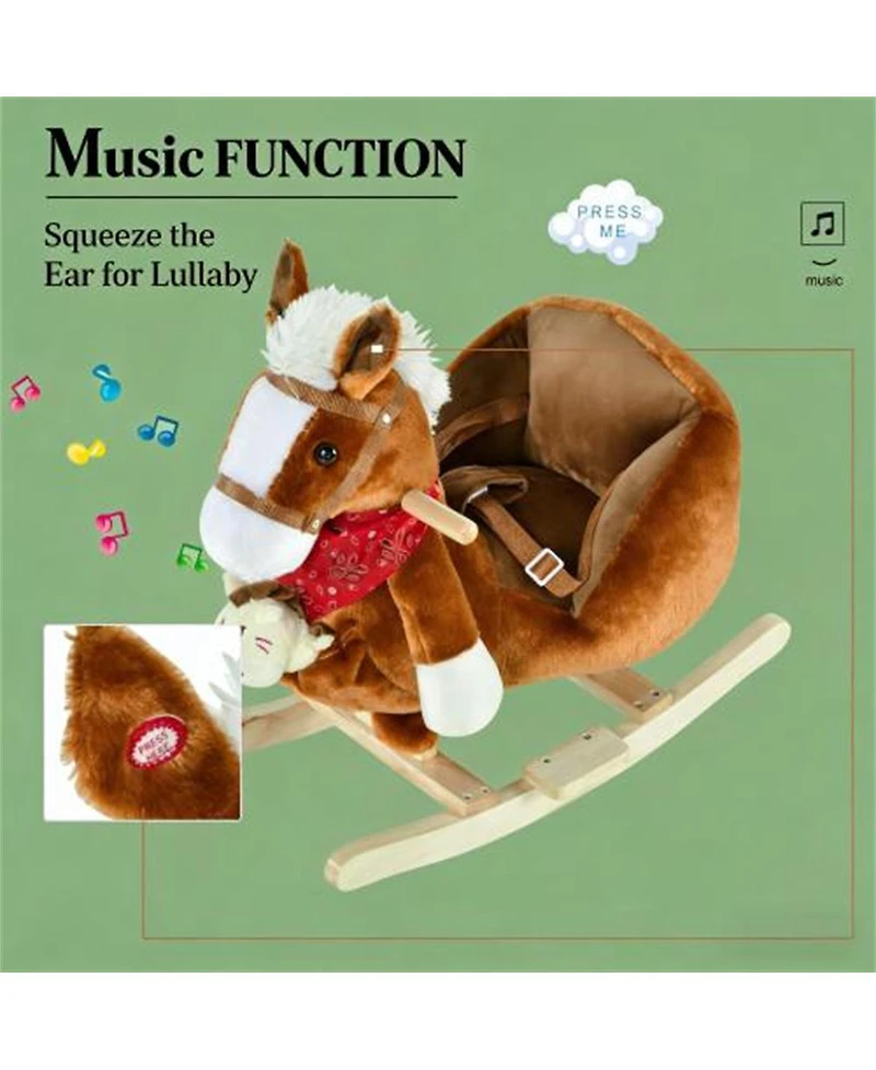 Yobtop Rocking Horse Toy - Soft Kids Rocking Horse with Lullaby Music, Plush Body, Steel Frame, Safety Belt, Hand Puppets