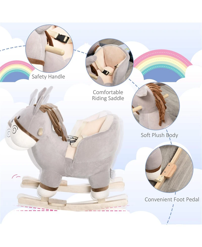 Yobtop Kids Plush Rocking Donkey with Sound, Wooden Base Seat, Safety Belt, Toddler Rocker Toy