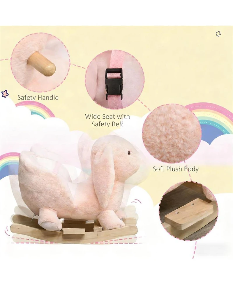 Yobtop Bunny Rocking Horse - Rabbit Wooden Plush Ride-on Toy with Sound Button, Seat Belt and Handlebars, Solid Steel Frame