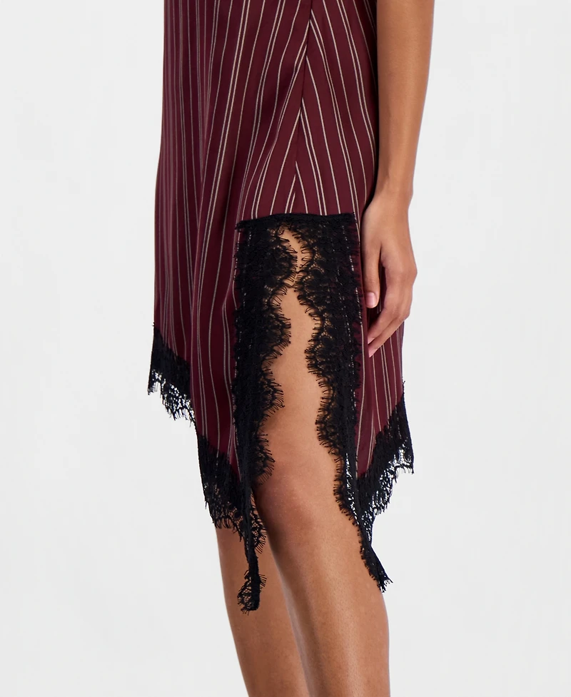 Bar Iii Women's Pinstripe V-Neck Lace-Trim Satin Dress, Macy's Exclusive