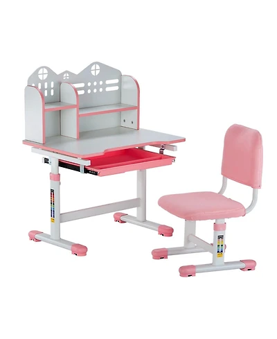 Slickblue Children's Study Table and Chair Set with Bookshelf, Adjustable Height Desk and Storage Drawer
