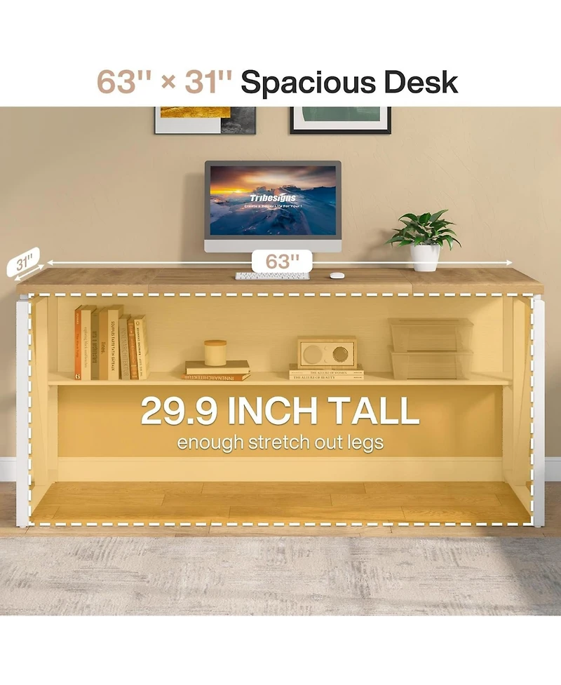 Tribesigns 63" Computer Desk with Bottom Shelf, Light Oak