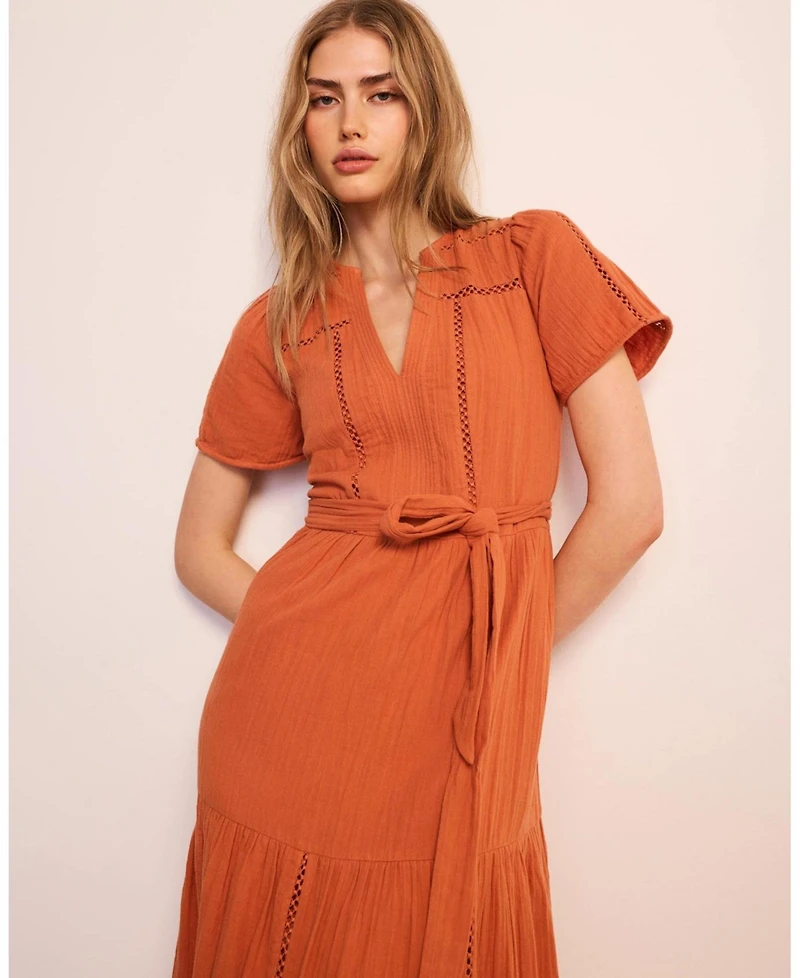 Mint Velvet Women's V-Neck Short-Sleeve Cotton Cheesecloth Maxi Dress