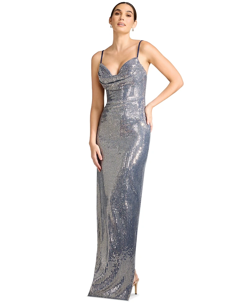 Dress the Population Women's Sleeveless Sweetheart Cowl-Neck Sequin