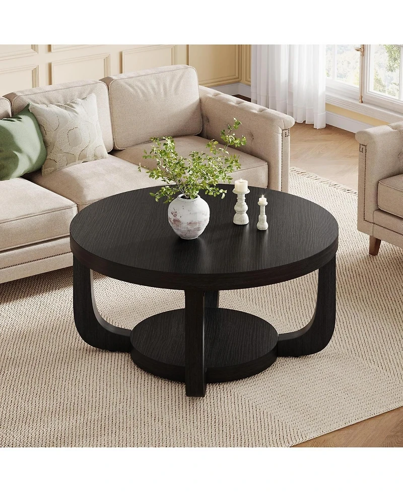 Tribesigns Round Coffee Table, 2-Tier Circle Table with Storage, Thick Tabletop and Base