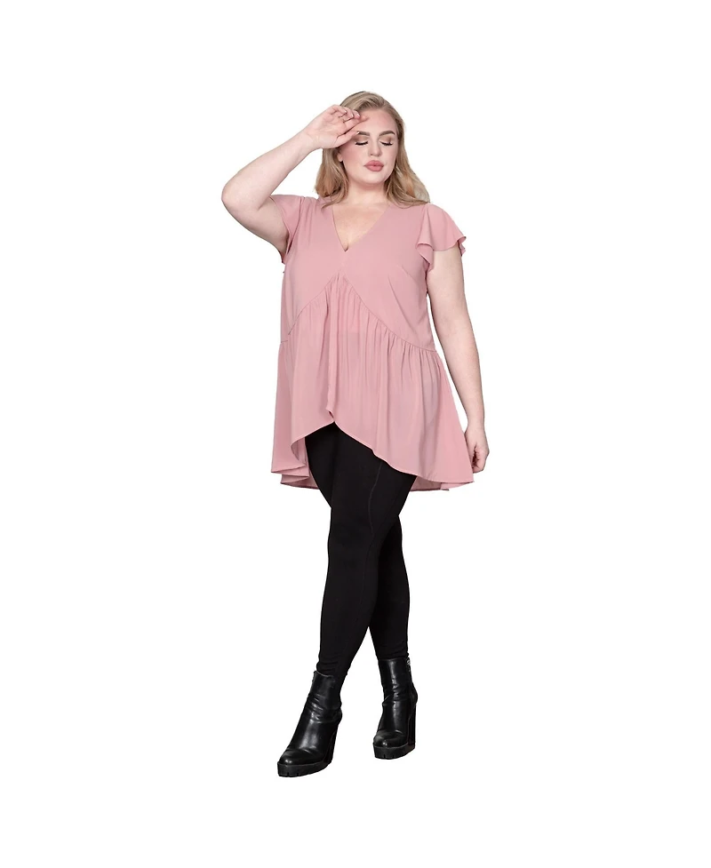 Standards & Practices Plus Deep V-Neck Ruffle Cap Sleeve High-Low Hem Tunic Blouse