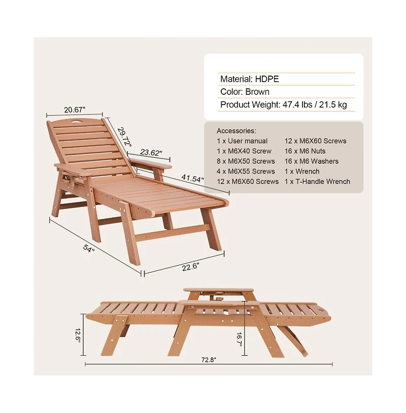 Slickblue Outdoor Hdpe Chaise Lounge Chair 6 Position Reclining with Cup Holder