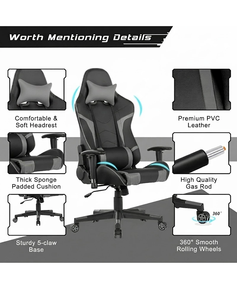 Gouun Reclining Swivel Gaming Chair with Massage Cushion and Detachable Headrest