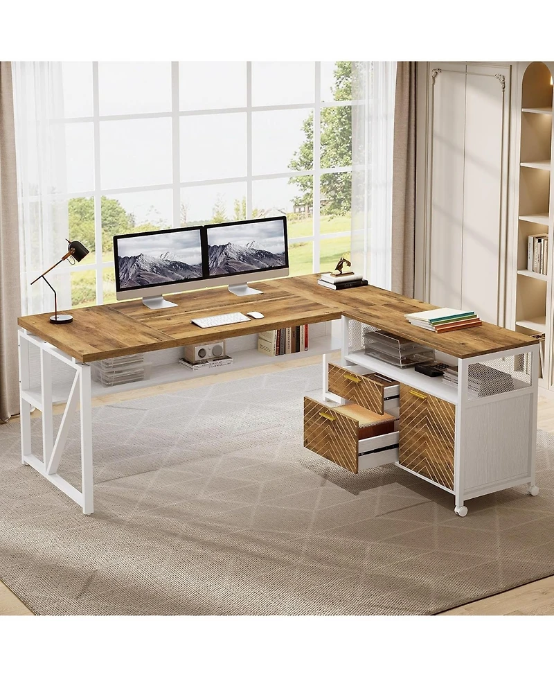 Tribesigns 63" L-Shaped Desk with Mobile File Cabinet